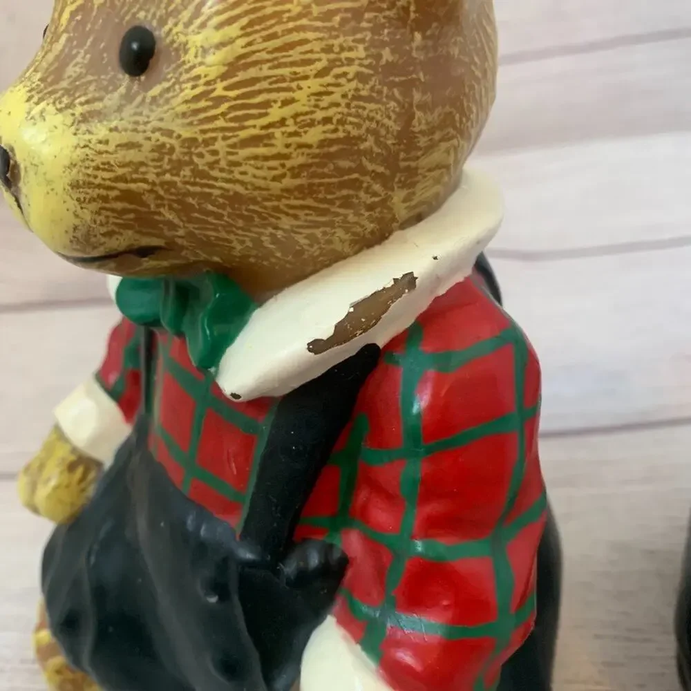 Vintage Teddy Bear Candles Set of 2 Bears with Bow Tie Plaid Shirt Overalls